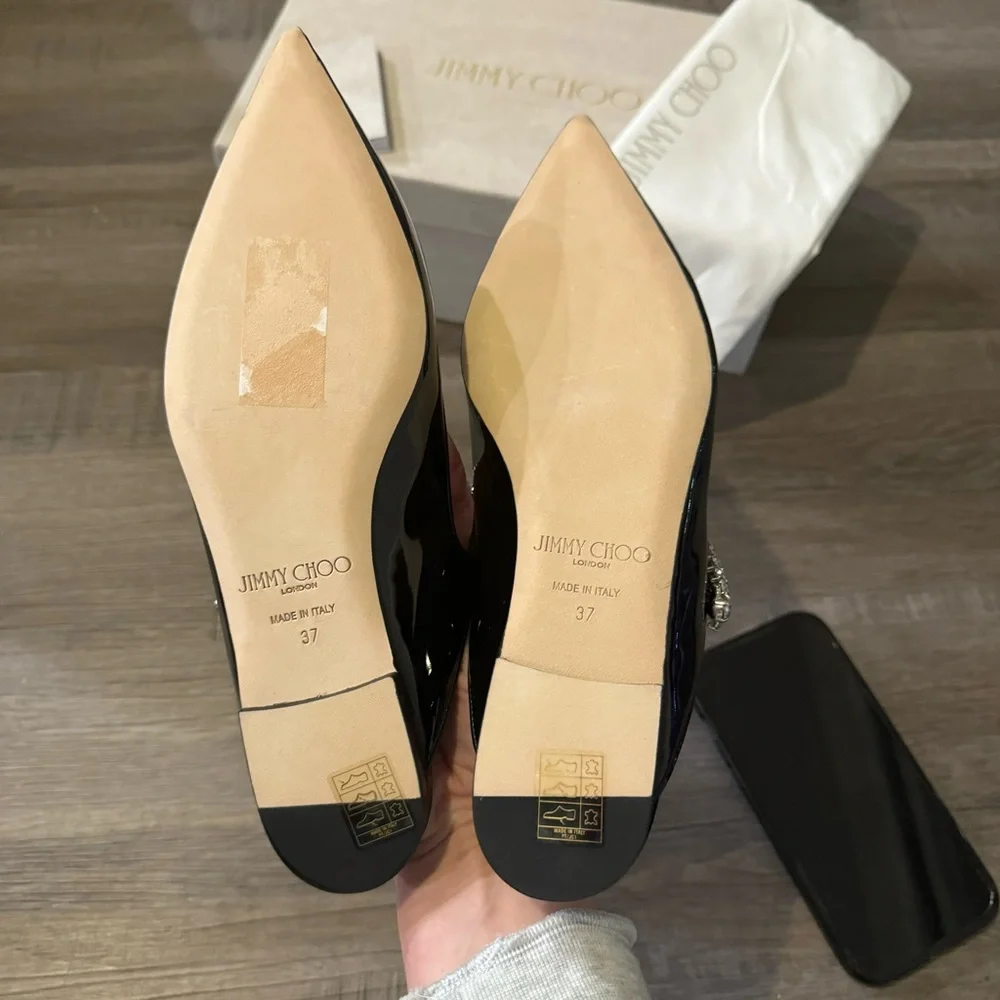 Jimmy Choo Bing Black Patent Leather Crystal Embellished Strap Flats